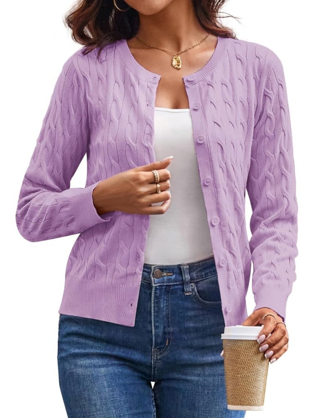 Lightweight Long Sleeve Cable Knit Cardigan Sweater for Women - Button Up